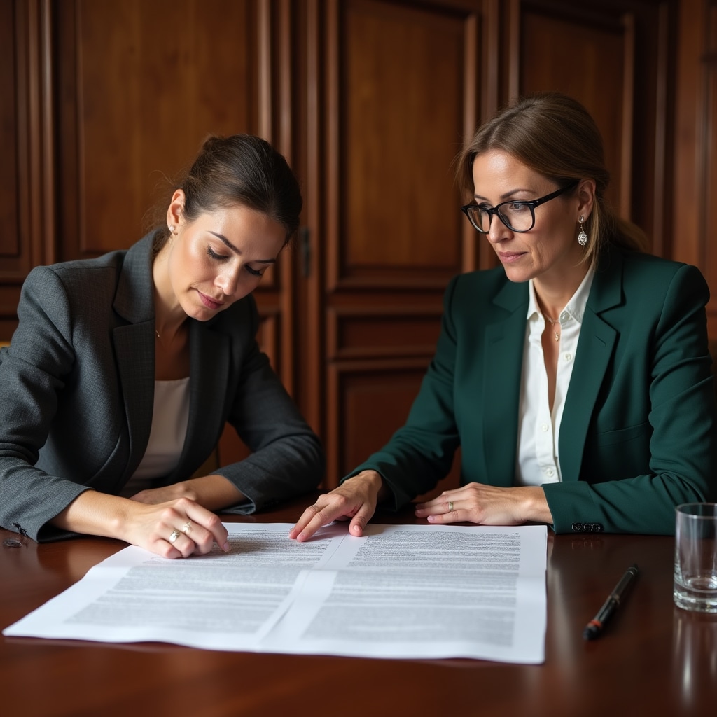 Women reviewing a real estate trust structure document in a professional Argentine setting